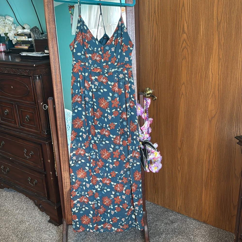 Floral Maxi Dress - Teal and Orange